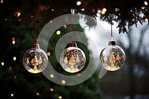 Festive glass Christmas tree ornaments decoration hanging on fir pine branch on bokeh lightning background