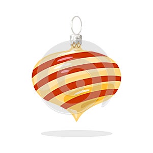 Festive glossy yellow decoration with red diagonal stripes and sharp corner. Christmas tree ball.