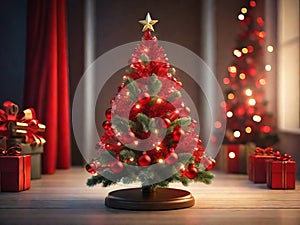 Festive Glow: Christmas Tree Lights, Red Christmas Tree on Table.