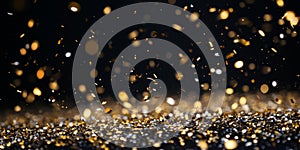 Festive Gold And Silver Confetti Falling Against Dark Black Background Texture