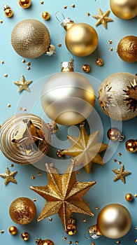 Festive Golden Christmas Ornaments and Stars on a Soft Blue Background for Holiday Decoration Concept