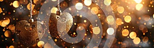 Festive Golden Heart Decorations with Bokeh Lights for Christmas, Valentine\'s, and Advent Greetings