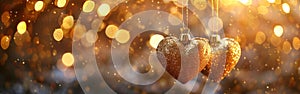 Festive Golden Heart Decorations with Defocused Bokeh Lights for Christmas, Valentine\'s, and Advent Greetings