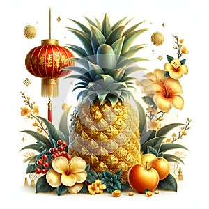 A festive golden pineapple, surrounded by mei hwa flower petals and fruits, red chinese lantern, cute, white background