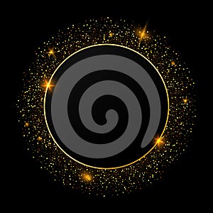 Festive golden sparkle background. Glitter border, circle frame. Black and gold vector dust. Great for christmas and