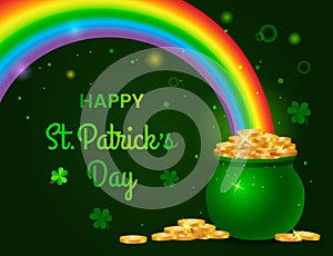 Festive green banner or St. Patrick`s Day greeting card. Traditional symbols are a pot of gold coins, a rainbow and clover leaves