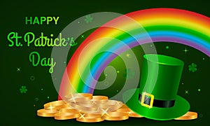 Festive green banner or St. Patrick`s Day greeting card. Traditional symbols are a pot of gold coins, a rainbow and clover leaves