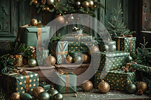 Festive Green and Gold Wrapped Christmas Presents Under Decorated Tree Generative AI