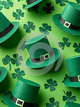 Festive Green St Patrick\'s Day Background with Paper Shamrocks and Leprechaun Hats Irish Holiday Celebration Concept