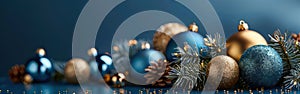 Festive Greeting Card with German Text, Golden and Blue Christmas Ornaments on Dark Blue Table - Frohe Weihnachten
