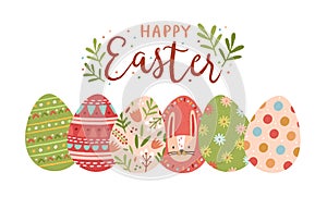 Festive greeting card template with Happy Easter wish handwritten with elegant cursive font and decorated eggs on white