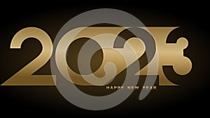 Festive greetings for the new year 2023. Creative composition of golden numbers isolated on black background.
