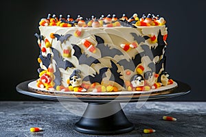Festive Halloween Cake with Bat Decorations and Colorful Candy on Dark Background for Holiday Celebration