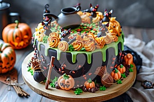 Festive Halloween Cake with Orange Frosting, Chocolate Drizzle, and Decorative Pumpkins on Rustic Table