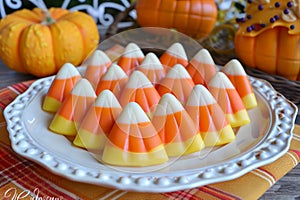 Festive Halloween Candy Corn Arrangement on Decorative Autumn Plate with Pumpkins in Background