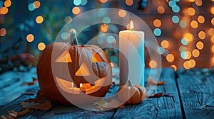 Festive Halloween Decor with Jack-o\'-Lanterns, Candles, and String Lights on Wooden Table