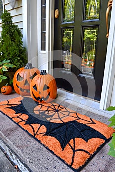 Festive Halloween Decorations Adorning a House Entrance with Jack o\' Lanterns and Bat Doormat