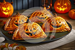 Festive Halloween Pumpkin Pies with Scary Faces on Plate, Jack o\' Lanterns and Autumn Decorations