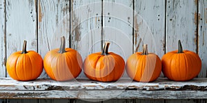 Festive Halloween Pumpkins Arranged On Rustic White Planks, Delightful Seasonal Decor