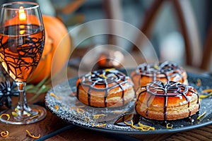Festive Halloween Treats on a Plate with Decorative Pumpkin and Candlelight in a Cozy Autumn Setting