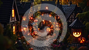 A festive Halloween village featuring a variety of pumpkins and jack-o-lanterns, Halloween night in a small village filled with