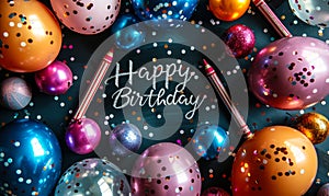 Festive Happy Birthday chalkboard sign with elegant script, surrounded by colorful party balloons, confetti, and drawing