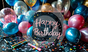 Festive Happy Birthday chalkboard sign with elegant script, surrounded by colorful party balloons, confetti, and drawing