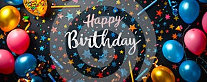 Festive Happy Birthday chalkboard sign with elegant script, surrounded by colorful party balloons, confetti, and drawing