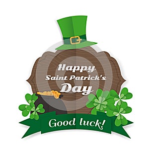 Happy Saint Patrick`s Day Greeting card pot gold clover leaves.