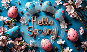 Festive Hello Spring greeting surrounded by colorful Easter eggs and blooming cherry blossoms on a vibrant blue background