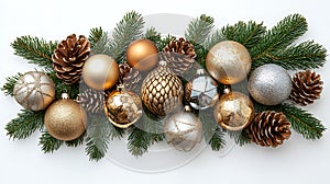 Festive holiday arrangement with golden ornaments and pine cones sprinkled on evergreen branches for christmas new year photo