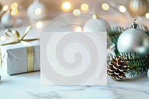 Festive Holiday Background with Blank Card and Christmas Ornaments
