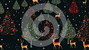 Christmas tree, reindeer, and star icons in a repeating pattern