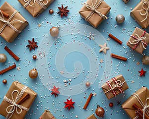 Festive Holiday Background with Gifts Wrapped in Brown Paper, Christmas Ornaments and Stars Scattered on Blue Surface