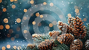 Festive Holiday Banner: Snowy Pine Cones and Lights on Fir Branch for Christmas Decorations