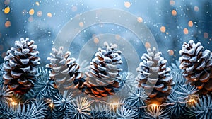 Festive Holiday Banner: Snowy Pine Cones and Lights on Fir Branch for Christmas Decorations