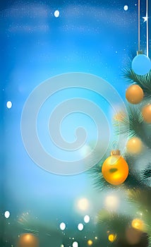 Festive holiday blue background with decorated Christmas tree
