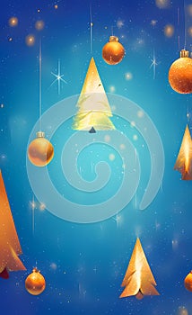 Festive holiday blue background with golden hanging balls