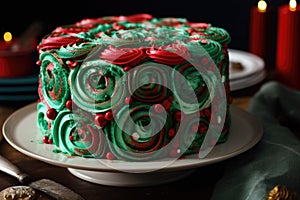 festive holiday cake, decorated with red and green frosting swirls
