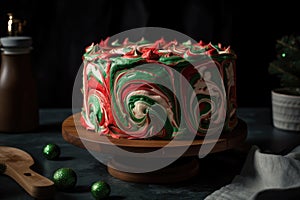 festive holiday cake, decorated with red and green frosting swirls