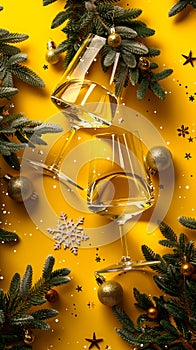 Festive Holiday Celebration Background with Champagne Glasses and Christmas Decorations on Gold