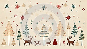 a festive holiday concept with Christmas tree, reindeer, and star icons forming a delightful seamless pattern