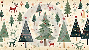 a festive holiday concept with Christmas tree, reindeer, and star icons forming a delightful seamless pattern