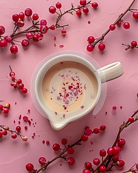 Festive Holiday Cup of Warm Milk on Pink Background with Red Berries and Delicate Twigs Winter Comfort Drink Concept