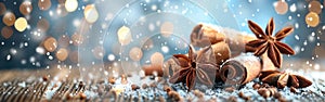 Festive Holiday Decor: Christmas Ornaments, Spices, and Snowflakes on Wooden Table - Perfect for Greeting Cards or Banners