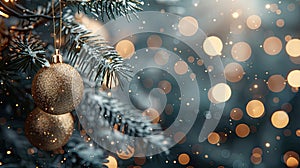 Festive Holiday Decorations: Christmas Balls Hanging from Fir Branches with Defocused Lights in Abstract Background