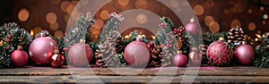 Festive Holiday Greeting Card with Pink Christmas Ornaments and Pine Branches on Snowy Wooden Table - Merry Christmas and Happy