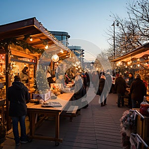 A festive holiday market filled with vendors selling seasonal treats, crafts, and gifts.
