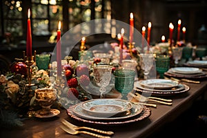 A festive holiday table set for a Christmas feast in classic style, with candles, festive tableware and elegant glasses