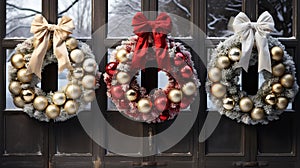 Festive Holiday Wreaths Adorn a Snowy Mountain Cabin Door